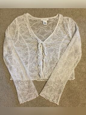 White Long Sleeve Crop Lace Mesh Stretch Coquette Fairy Ethereal Festival Top L